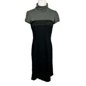 Theory Wool Blend Shift Dress Turtleneck Short Sleeve Womens 6 Grey‎ Black